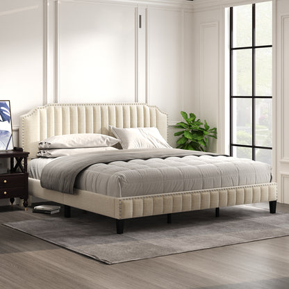 Modern Linen Curved Upholstered Platform Bed , Solid Wood Frame , Nailhead Trim, Cream (King)