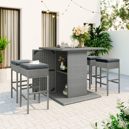 TOPMAX Patio 5-Piece Rattan Dining Table Set, PE Wicker Square Kitchen Table Set with Storage Shelf and 4 Padded Stools for Poolside, Garden, Gray Wicker+Dark Gray Cushion