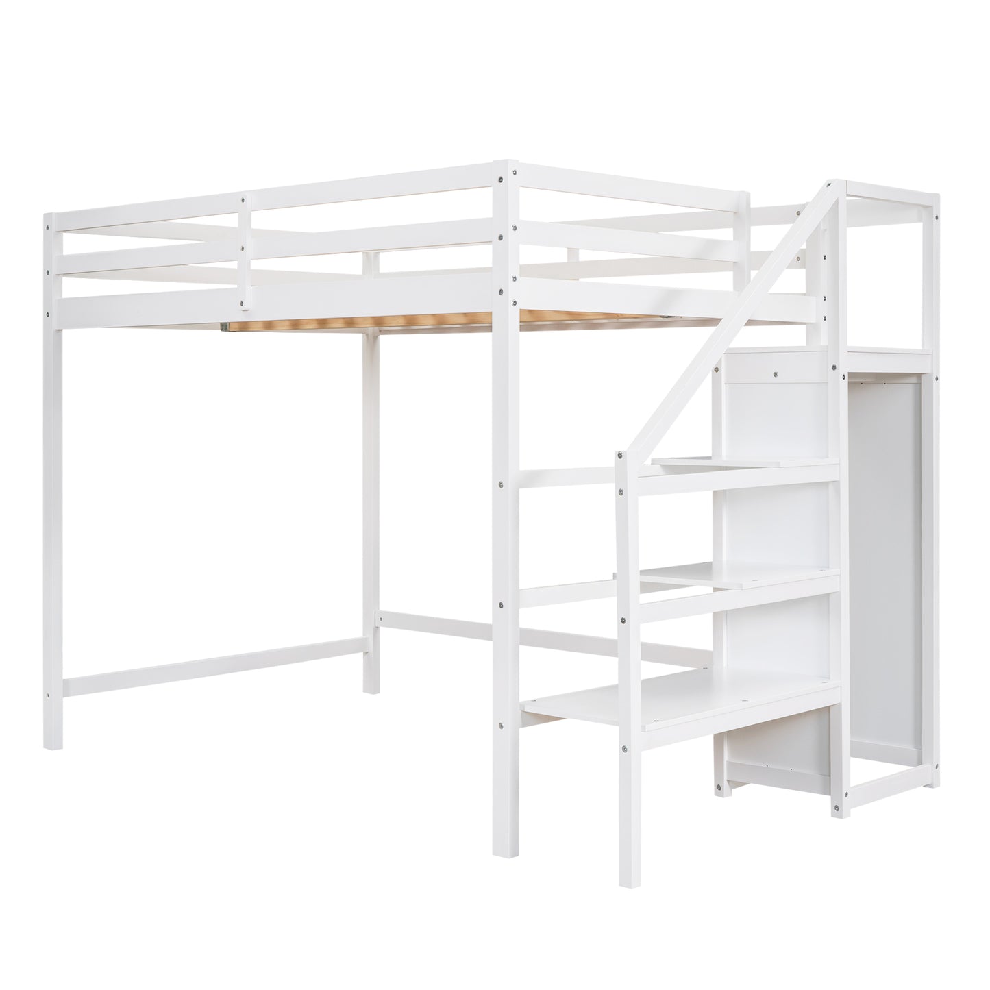 Full Size Loft Bed with Built-in Storage Wardrobe and Staircase,White