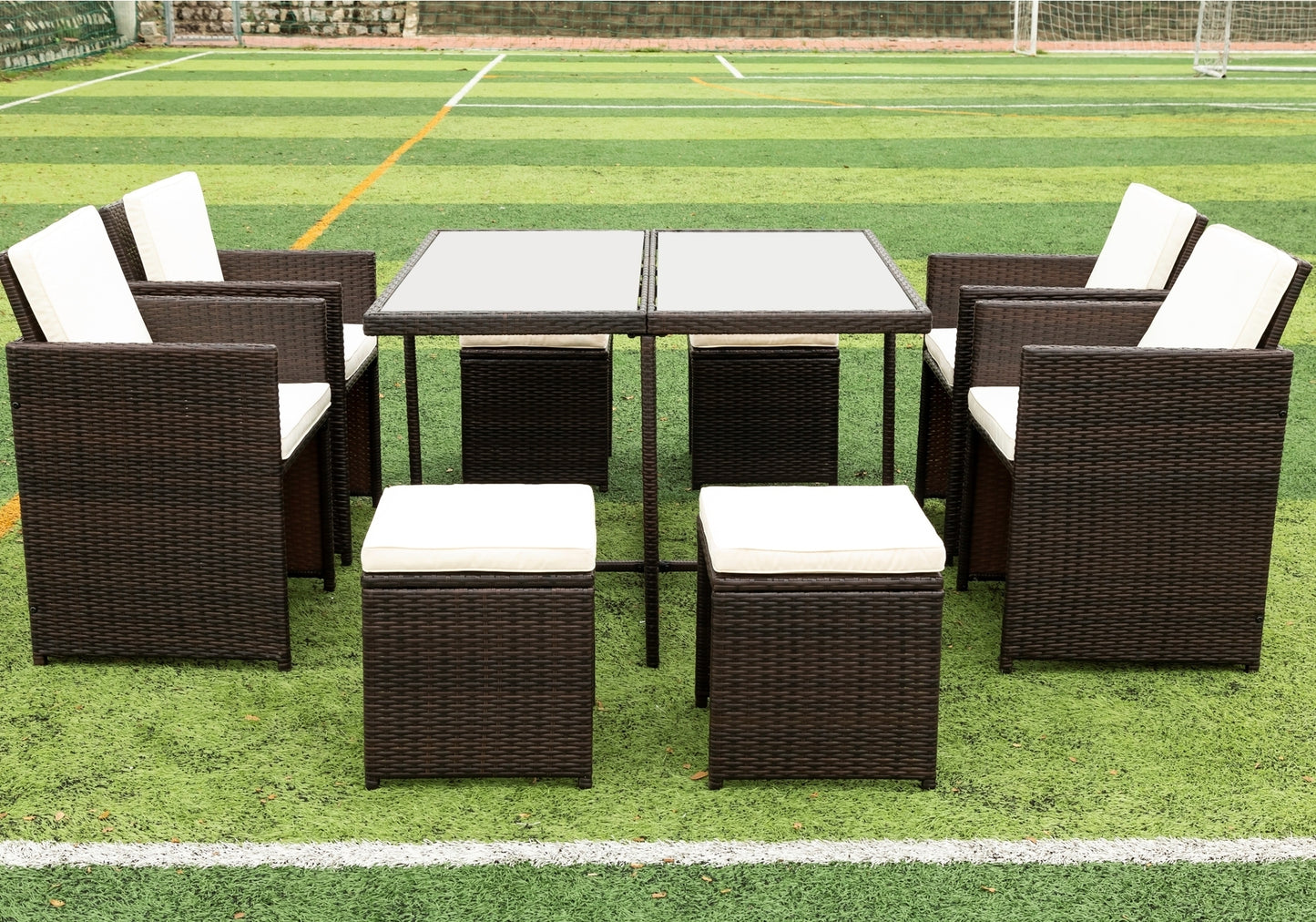 9 Pieces Patio Dining Sets Outdoor Space Saving Rattan Chairs with Glass Table Patio Furniture Sets Cushioned Seating and Back Sectional Conversation Set