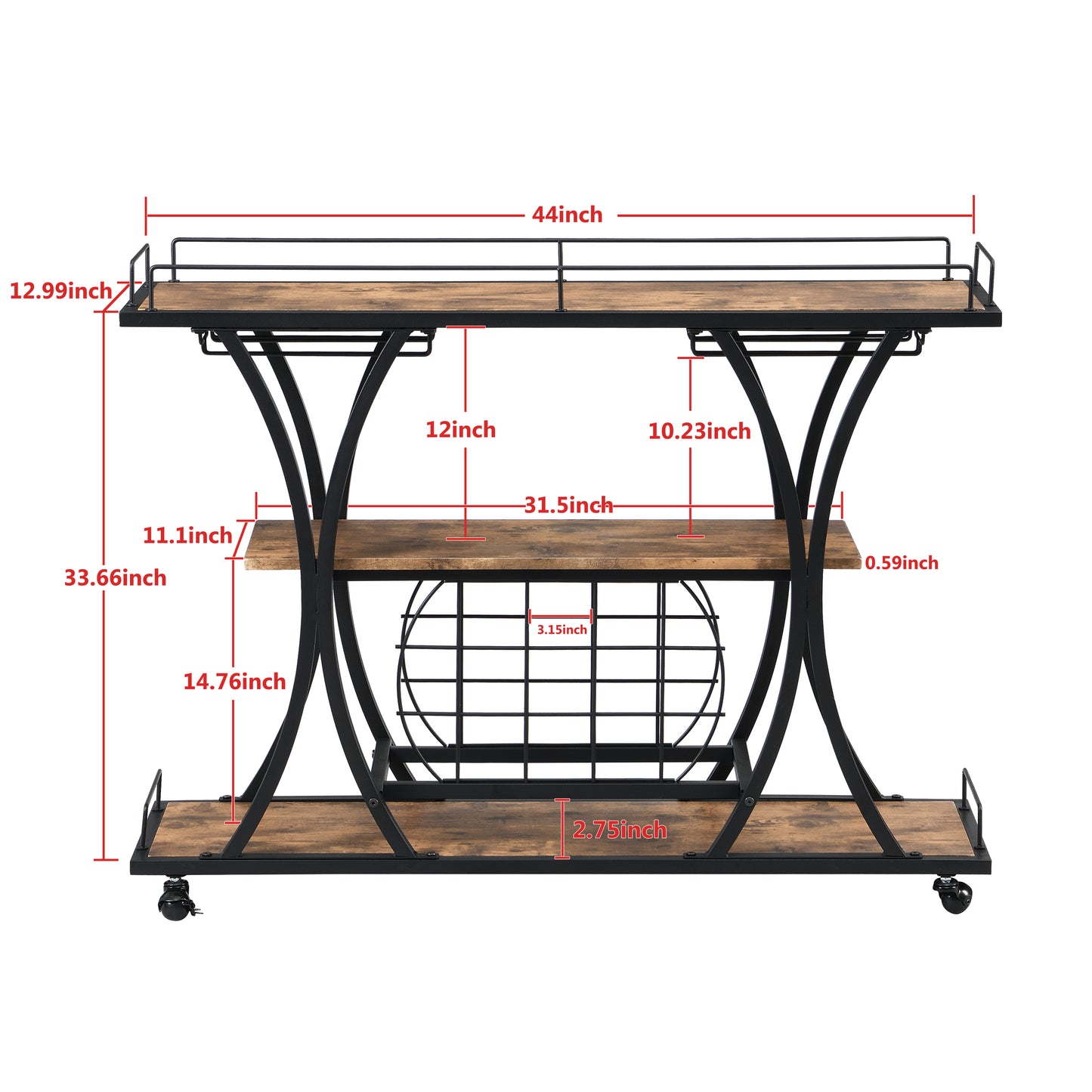 Industrial Bar Cart Kitchen Bar&Serving Cart for Home with Wheels 3 -Tier Storage Shelves