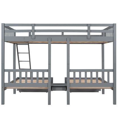 Full Over Twin & Twin Bunk Bed, Wood Triple Bunk Bed with Drawers and Guardrails  (Gray) （OLD SKU:LP000143AAE）