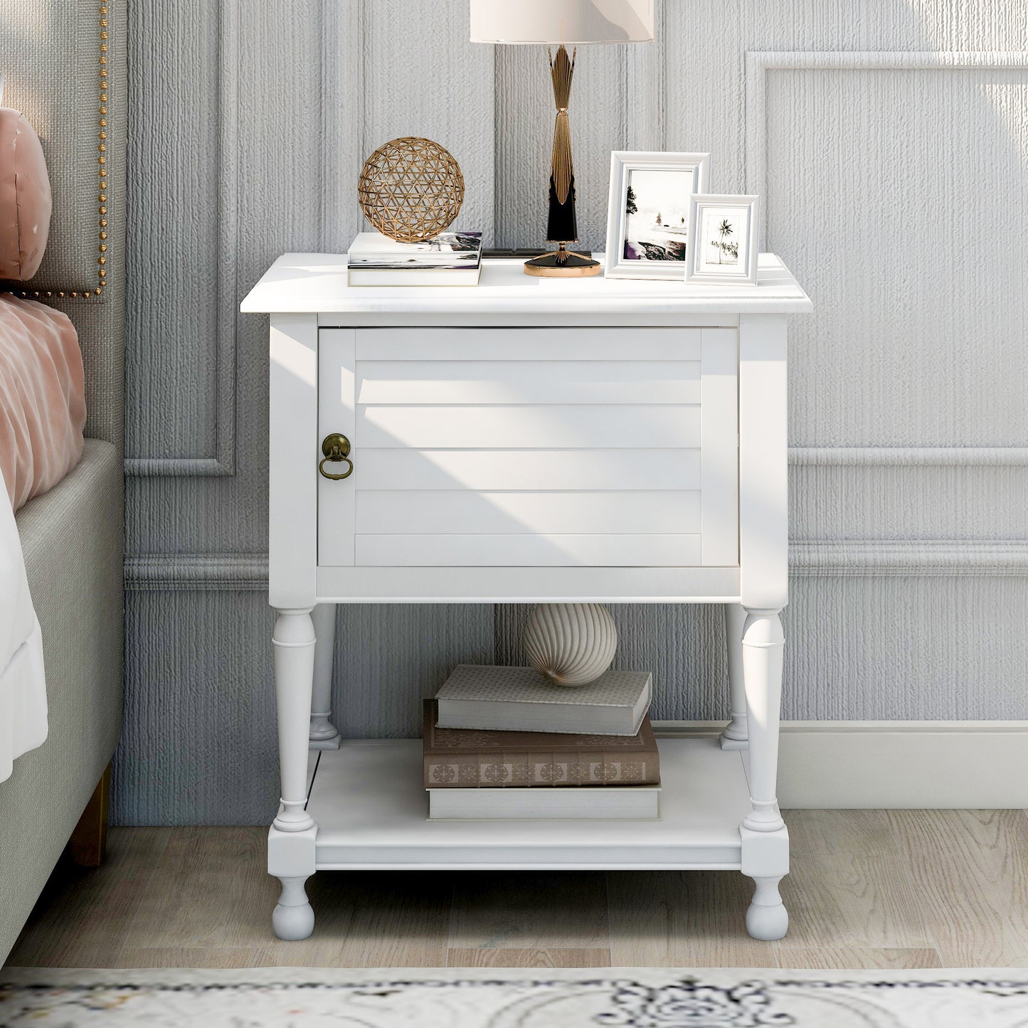 Versatile Nightstand with Two Built-in Shelves Cabinet and an Open Storage,USB Charging Design,White