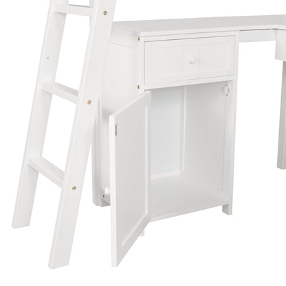 Twin size Loft Bed with Drawers, Cabinet, Shelves and Desk, Wooden Loft Bed with Desk - White(OLD SKU :LP000505AAK)