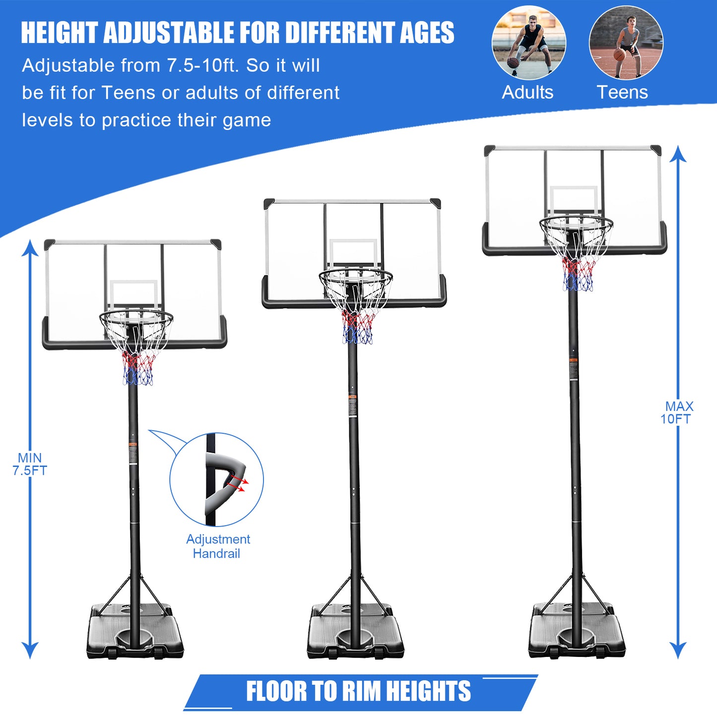 Portable Basketball Hoop Backboard System Stand Height Adjustable 7.5ft - 10ft with 48 Inch Backboard and Wheels for Adults Teens Outdoor Indoor Basketball Goal Game Play Set