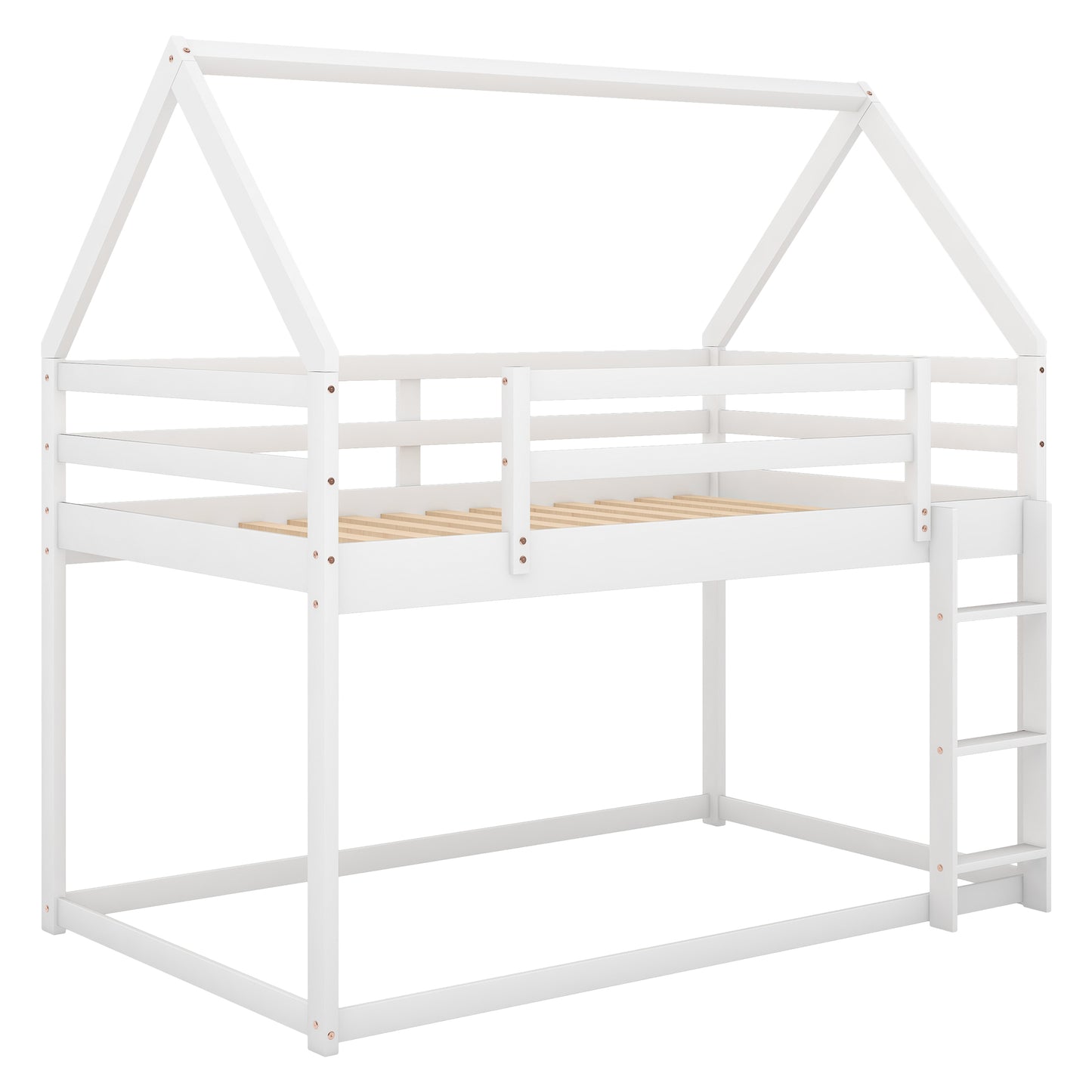 Twin over Twin Low Bunk Bed, House Bed with Ladder , White(OLD SKU:WF197808AAK)