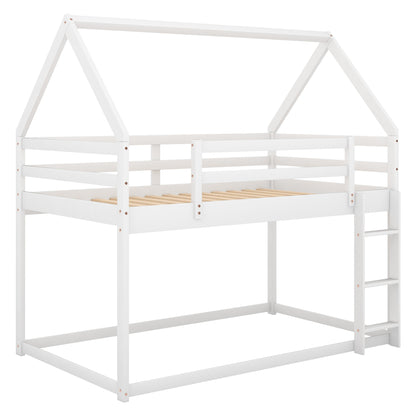 Twin over Twin Low Bunk Bed, House Bed with Ladder , White(OLD SKU:WF197808AAK)