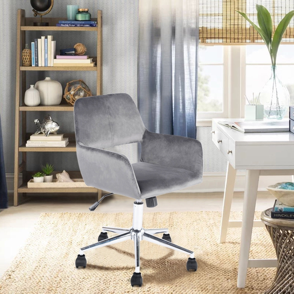 Velvet Upholstered Adjustable Swivel Office Chair, GREY