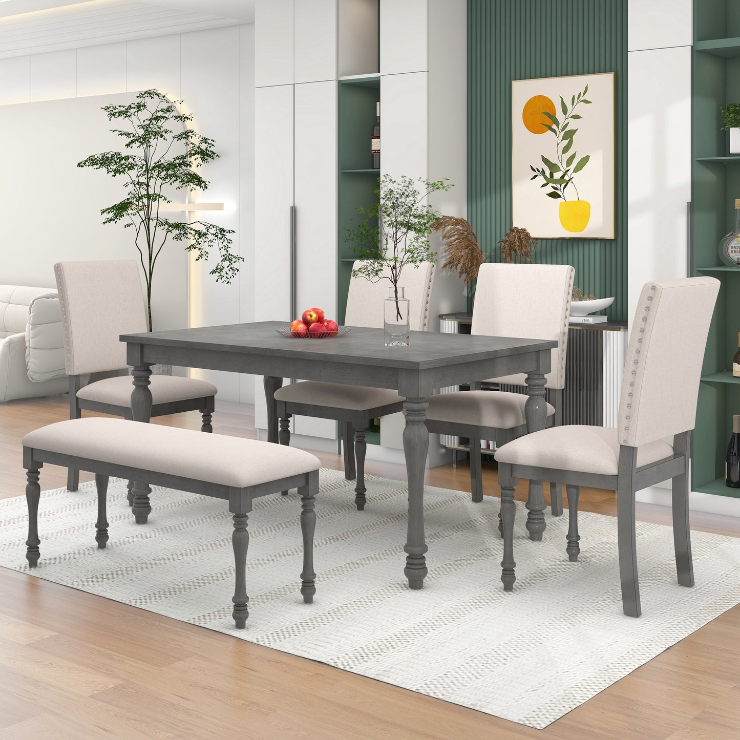 TREXM 6-Piece Wood Dining Table Set Rectangular Table with Turned Legs, 4 Upholstered Chairs and Bench for Dining Room (Gray)