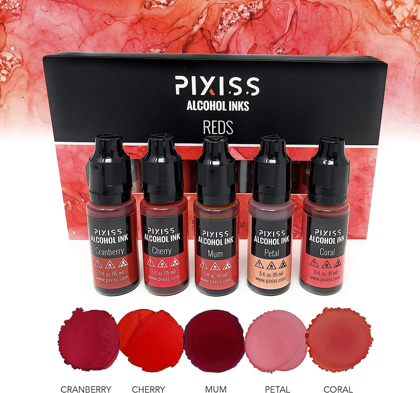 PIXISS Alcohol Ink Set of 5 - Brilliant Red Hues by Pixiss