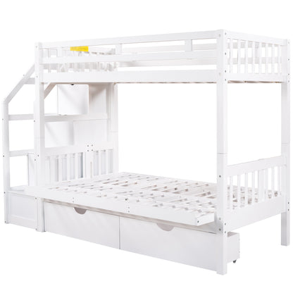 Twin over Full Bunk Bed with Two Drawers and Staircase, Down Bed can be Converted into Daybed,White