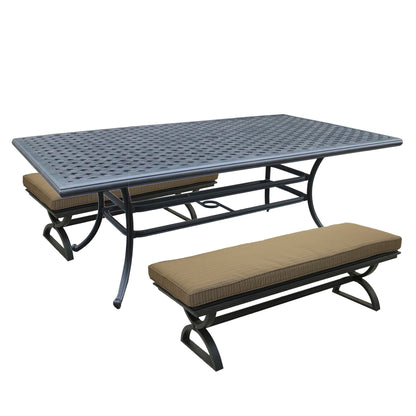 3 Piece Outdoor Aluminum Dining Set, Rectangular table and Benches, Dupione Brown