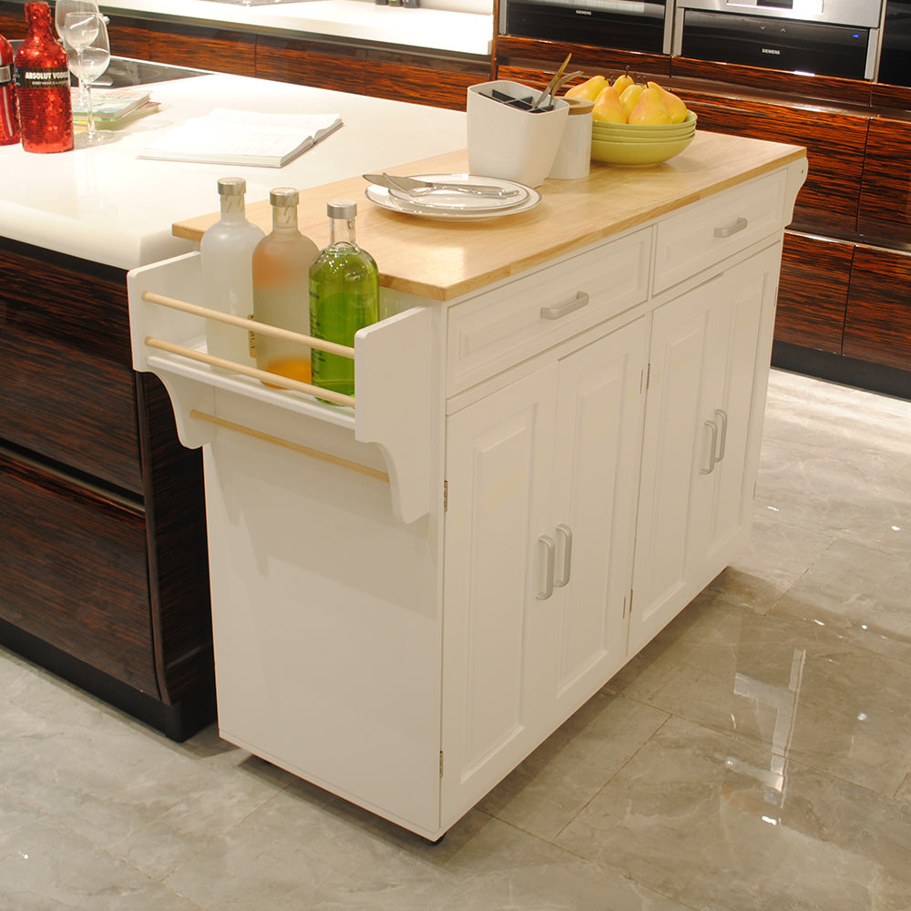 Kitchen Island & Kitchen Cart, Mobile Kitchen Island, Rubber Wood Top, Big & Adjustable Shelf Inside Cabinet for Different Utensils, Luxury Design Fits Party at Different Site.