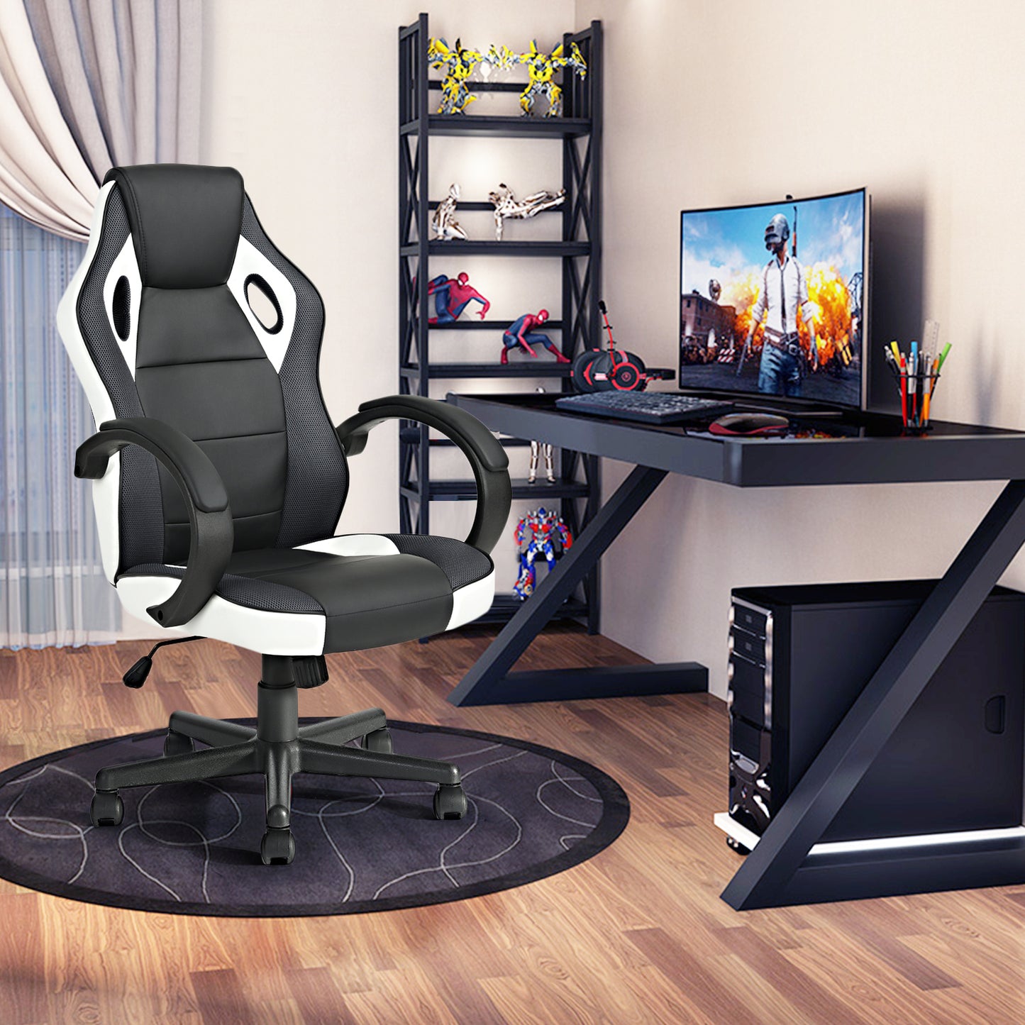 Gaming Office Chair with Fabric Adjustable Swivel, BLACK AND WHITE