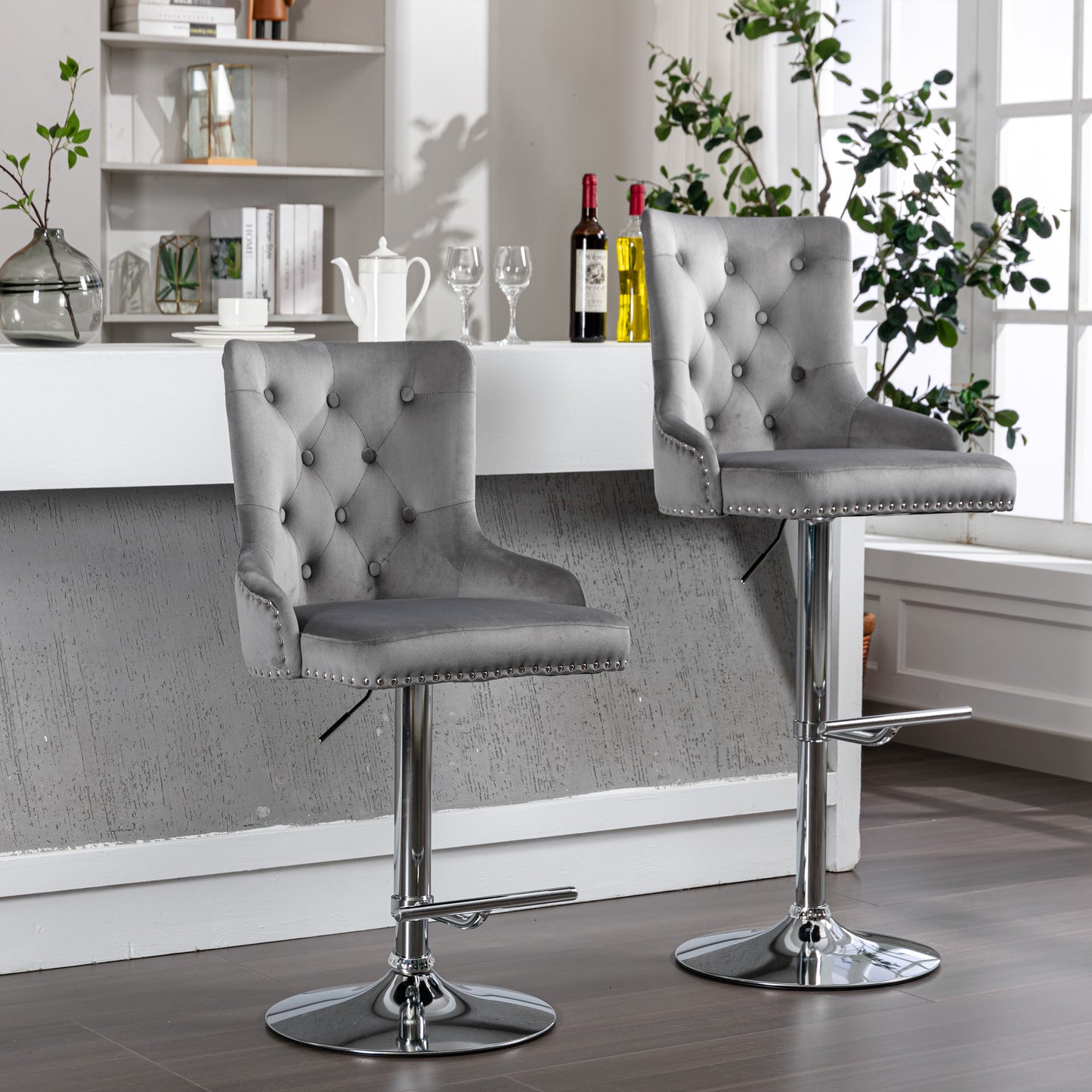 Swivel Velvet Barstools Adjusatble Seat Height , Modern Upholstered Bar Stools with Backs Comfortable Tufted for Home Pub and Kitchen Island（Gray,Set of 2）