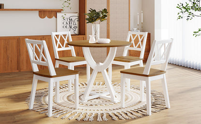 TOPMAX  Mid-Century 5-Piece Round Dining Table Set with Trestle Legs and 4 Cross Back Dining Chairs, Antique Oak+White