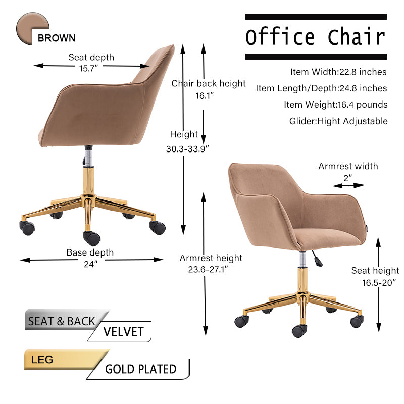 Modern Velvet Fabric Material Adjustable Height 360 revolving Home Office Chair with Gold Metal Legs and Universal Wheels for Indoor,Light Coffee Brown