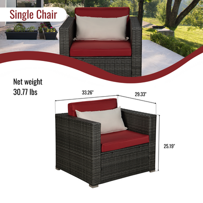 Outdoor Garden Patio Furniture 6-Piece Gray PE Rattan Wicker Sectional Red Cushioned Sofa Sets with 1 Beige Pillow