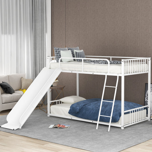 Metal Bunk Bed with Slide, Twin over Twin, White