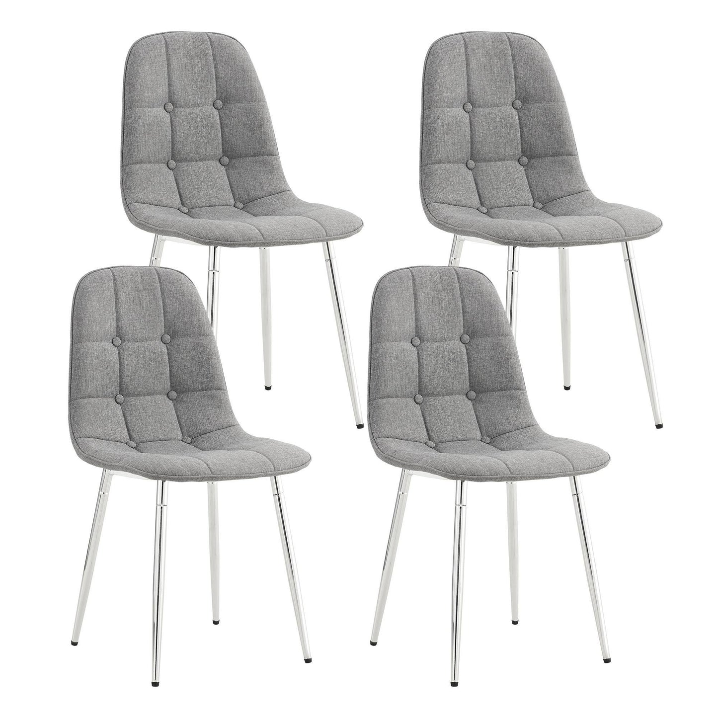 Dining Chairs Set of 4, Modern Mid-Century Style Dining Kitchen Room Upholstered Side Chairs，Soft Tufted Linen Fabric with Inset Buttons，Chrome Metal Legs，for Kitchen Lounge Farmhouse, Light Gray