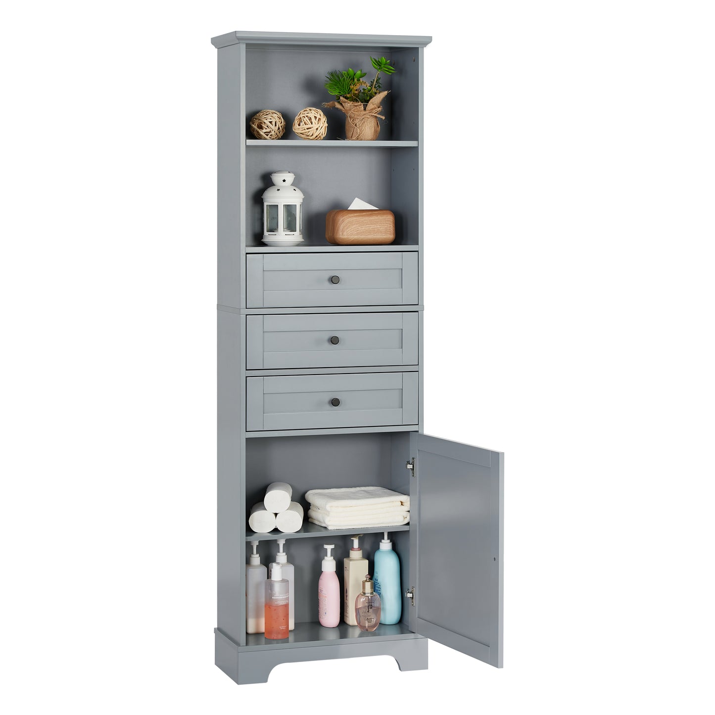 Grey Tall Storage Cabinet with 3 Drawers and Adjustable Shelves for Bathroom, Kitchen and Living Room, MDF Board with Painted Finish