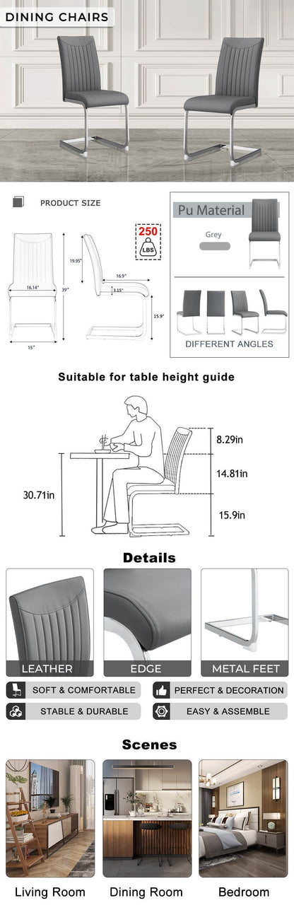 Modern Dining Plating leg Dining chair Chair, PU  Leather High Back Cushion Side  Chair with Vertical stripe backrest pattern for Dining Room Kitchen Vanity Patio Office Chair (Set of 2) (Grey+PU)