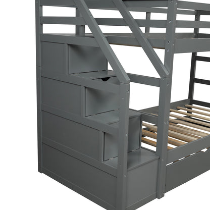 Twin-Over-Twin Bunk Bed with Twin Size Trundle and 3 Storage Stairs (Gray)