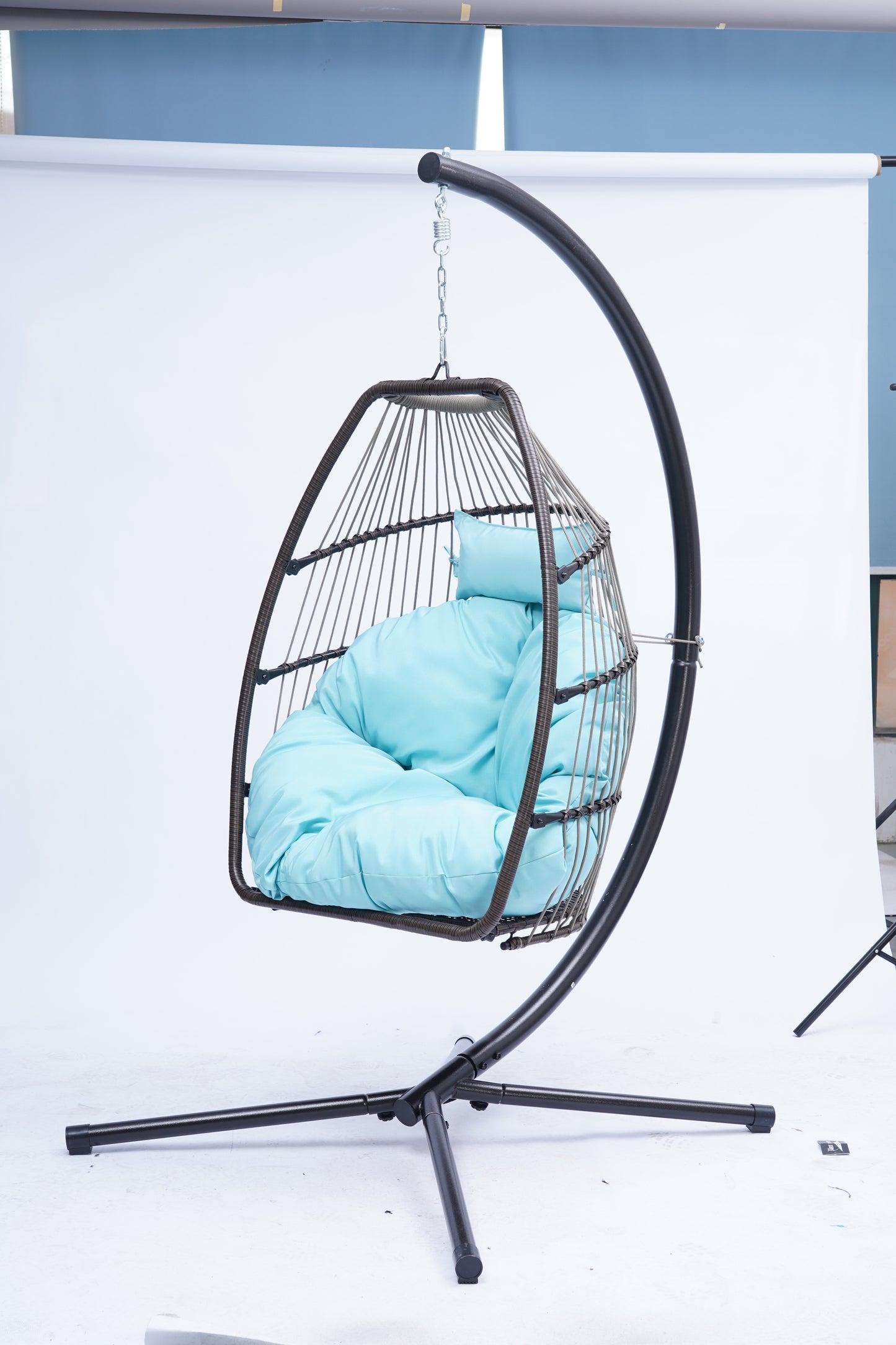 Patio Wicker folding Hanging Chair,Rattan Swing Hammock Egg Chair with C Type bracket , with cushion and pillow,for Indoor,Outdoor，Blue