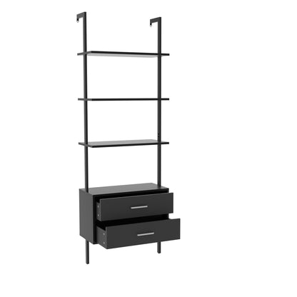 Vertical open space shelf with 2 drawers, Ladder bookcase,Modern storage rack shelves, office bookshelf(black+gray),provides storage for artwork, decorative figurines, and potted plants