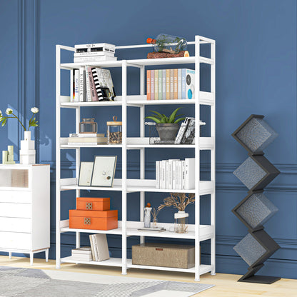 70.8 Inch Tall Bookshelf MDF Boards Stainless Steel Frame, 6-tier Shelves with Back&Side Panel, Adjustable Foot Pads, White