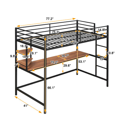 Twin Metal Loft Bed with Desk and Shelve,Black