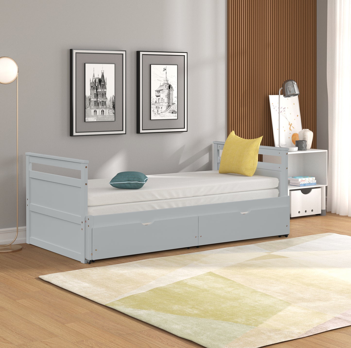 THE TWIN BED CAN BE EXPANDED WITH 2 DRAWERS