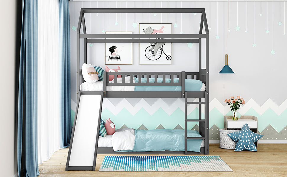 Twin Over Twin Bunk Bed with Slide, House Bed with Slide, Gray(OLD SKU: LP000213AAE)