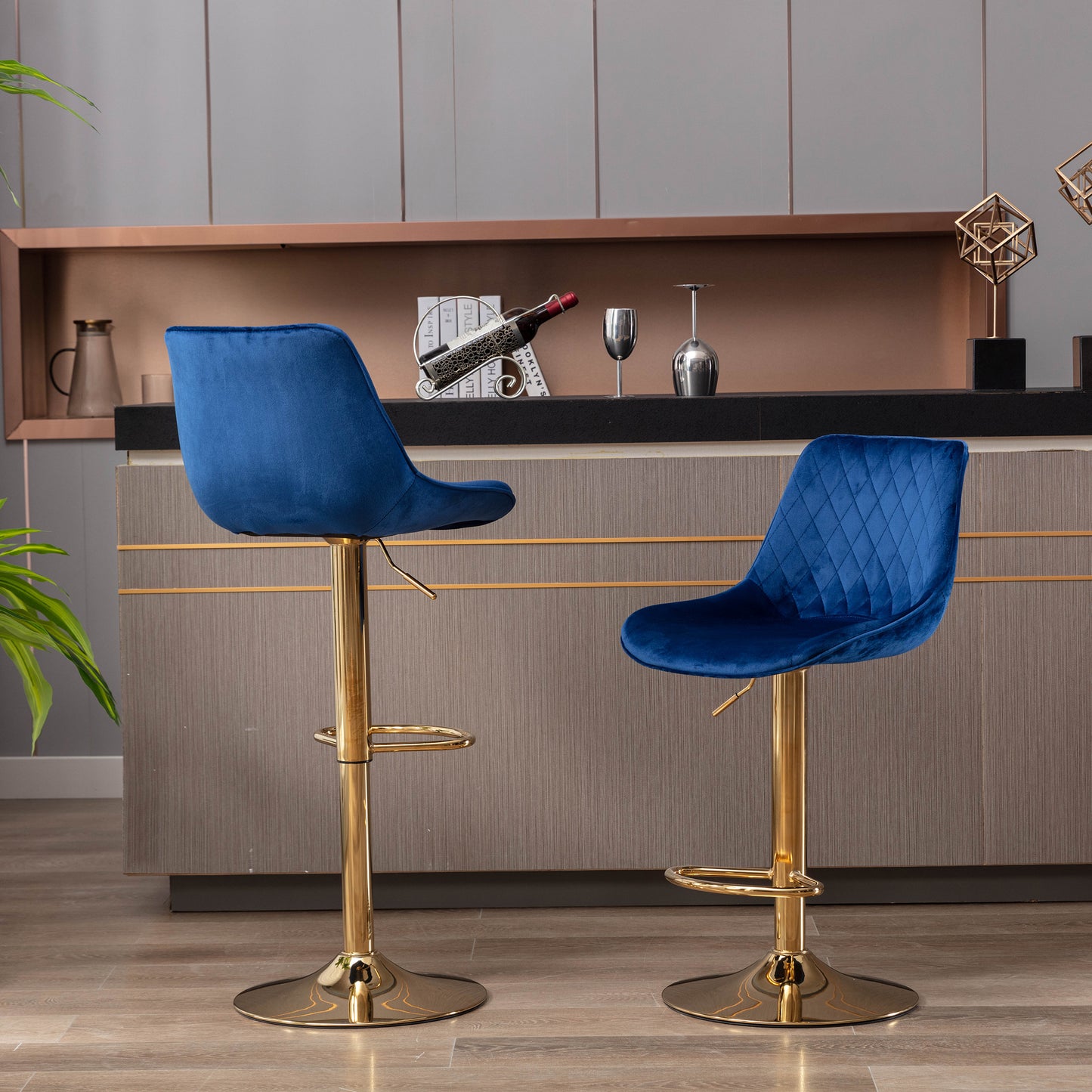 Set of 2  Bar Stools,with Chrome Footrest and Base Swivel Height Adjustable Mechanical Lifting Velvet + Golden Leg Simple Bar Stool-blue