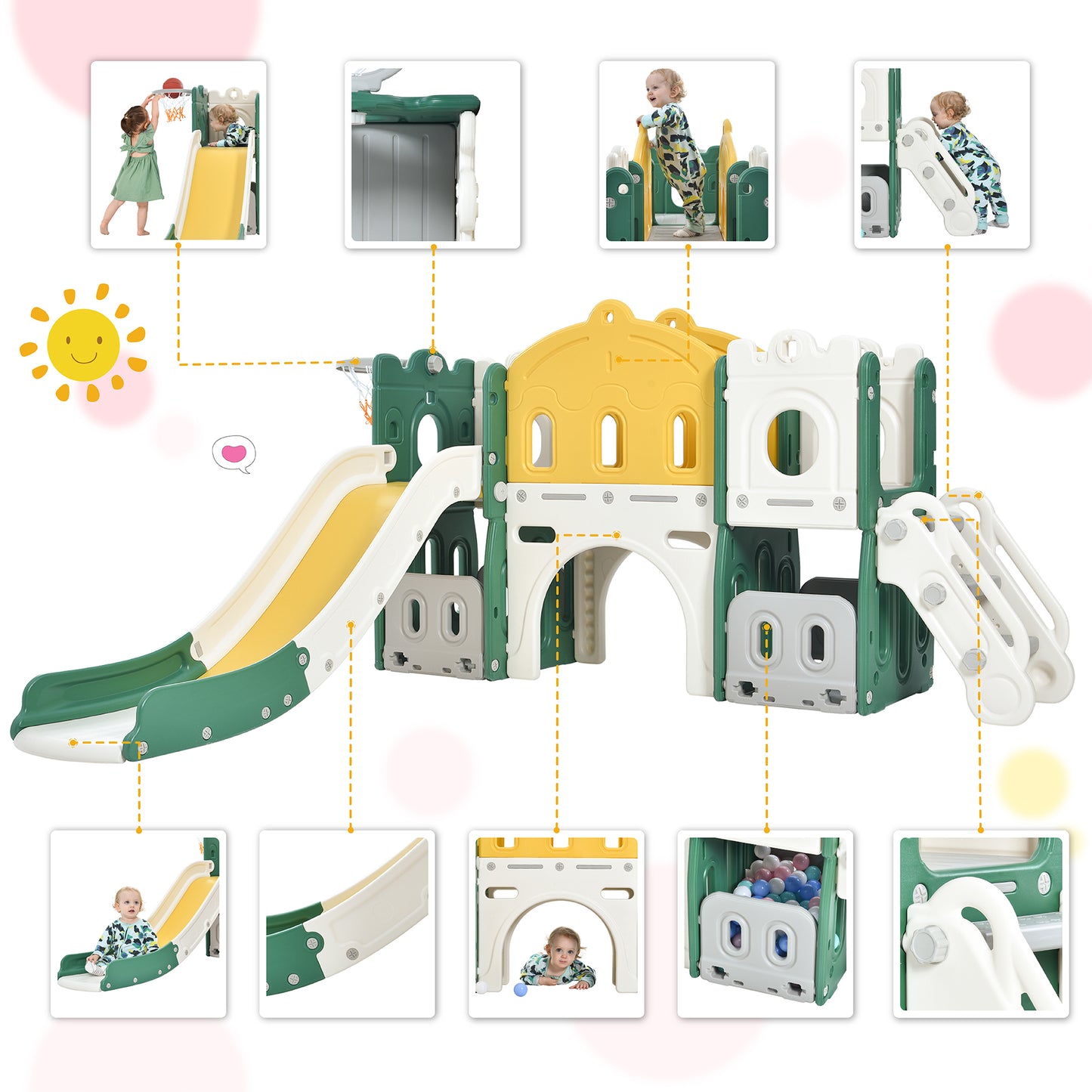 Kids Slide Playset Structure, Freestanding Castle Climber with Slide and Basketball Hoop, Toy Storage Organizer for Toddlers, Kids Climbers Playhouse for Indoor Outdoor Playground Activity