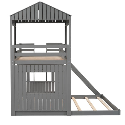Wooden Twin Over Full Bunk Bed, Loft Bed with Playhouse, Farmhouse, Ladder, Slide and Guardrails . Gray(OLD SKU :LP000028AAN)
