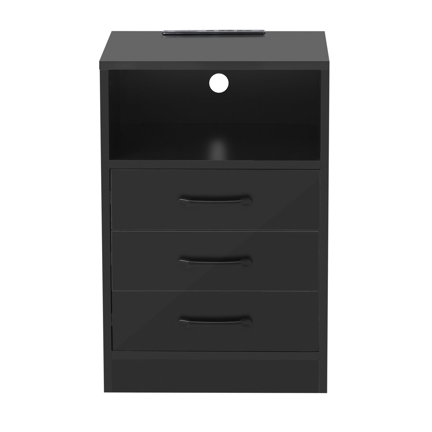 Nightstand with 3 Drawers and Cabinet,USB Charging Ports, Wireless Charging and Remote Control LED Light-Black