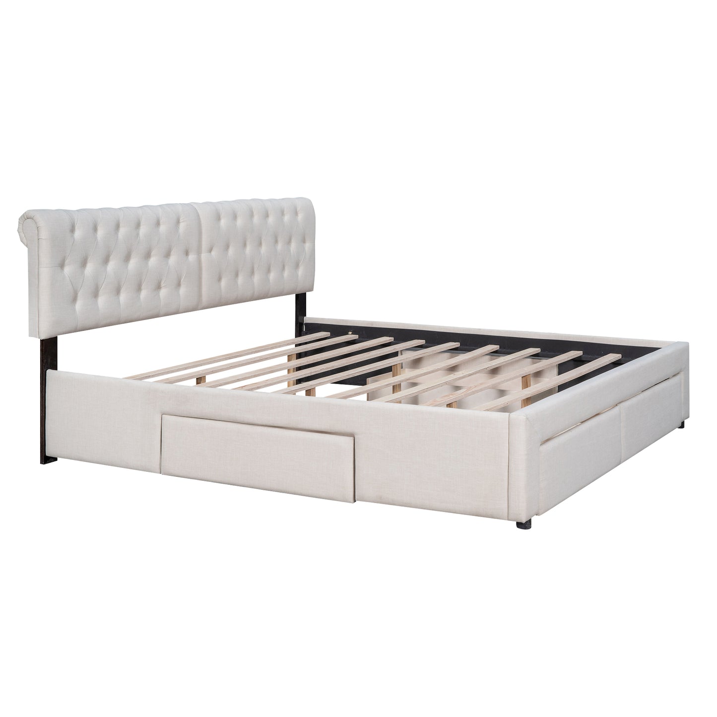 King Size Upholstery Platform Bed with Four Drawers,Beige