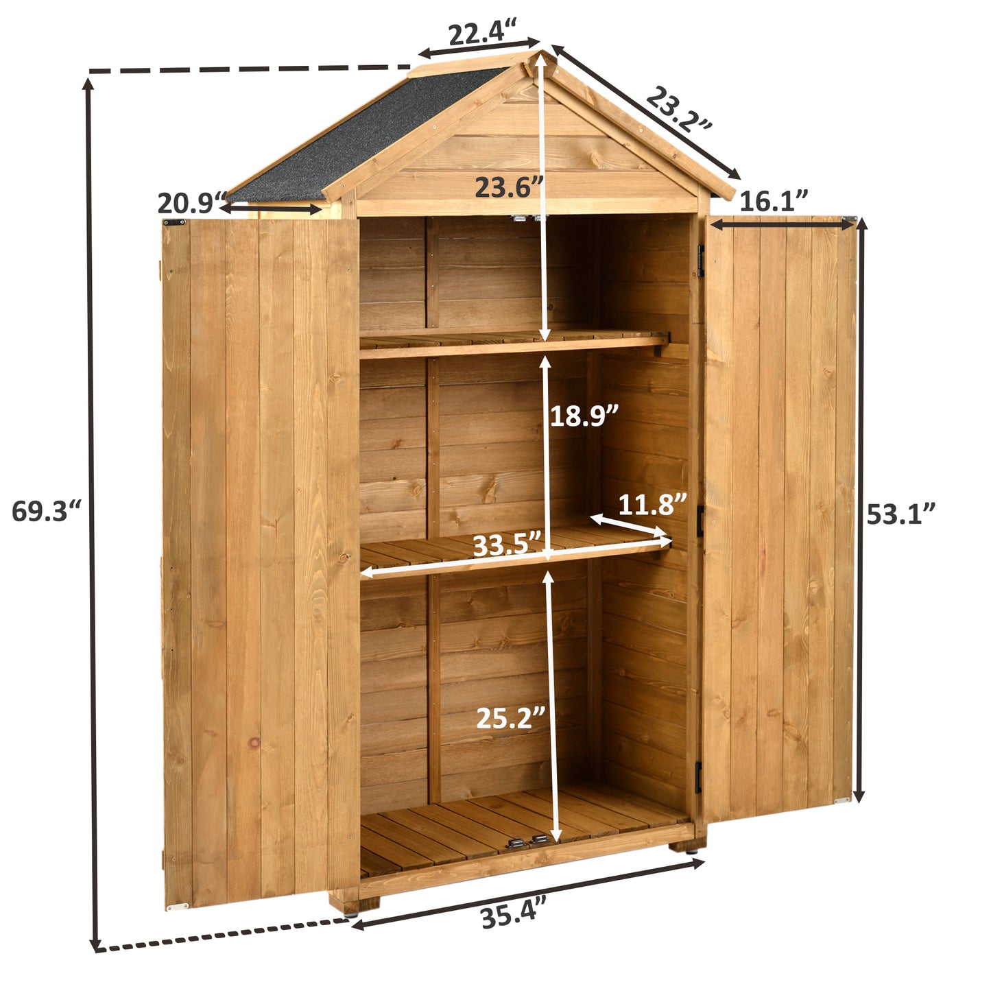 TOPMAX 5.8ft x 3ft Outdoor Wood Lean-to Storage Shed Tool Organizer with Waterproof Asphalt Roof, Lockable Doors, 3-tier Shelves for Backyard, Natural