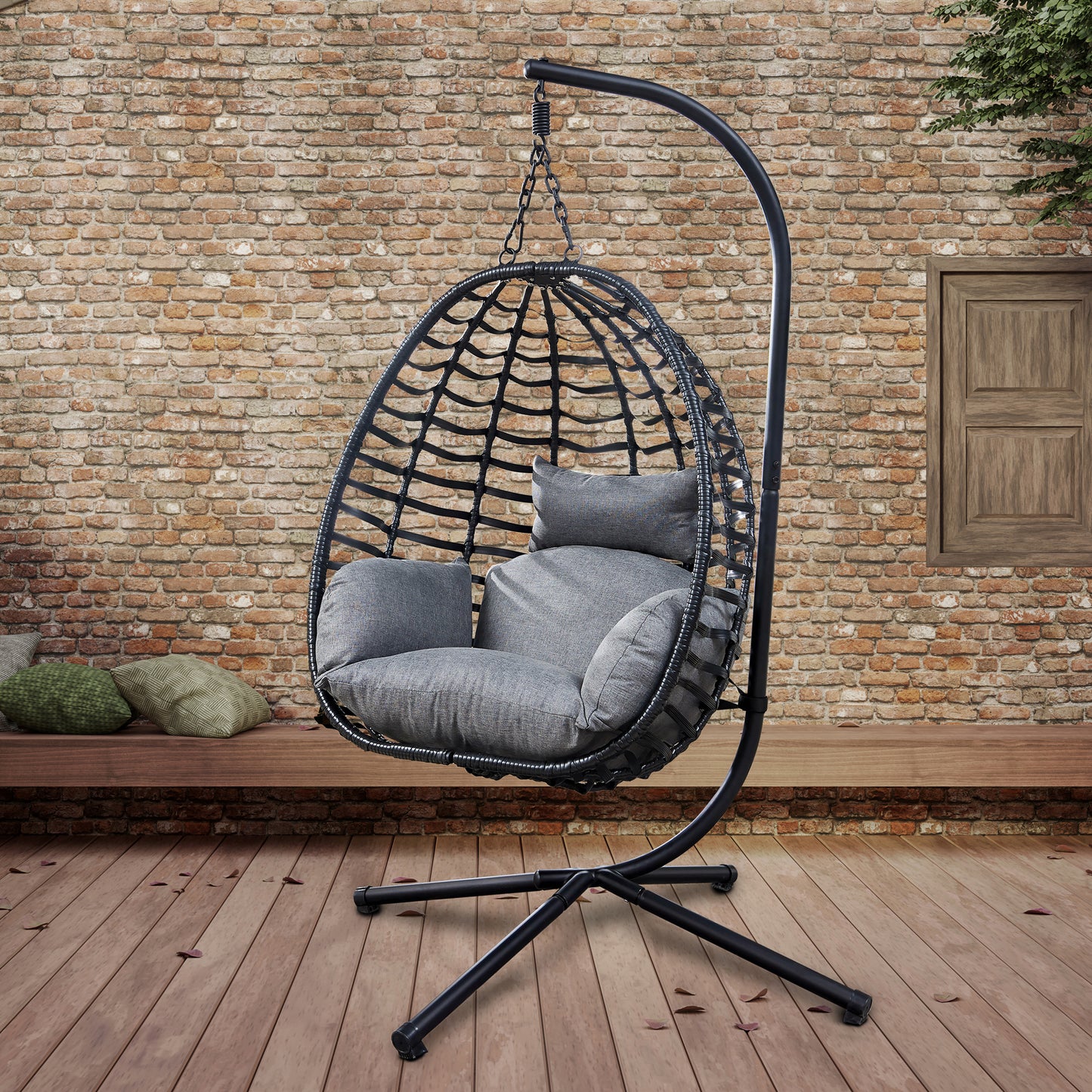 Artisan Outdoor Wicker Swing Chair With Stand for Balcony, 37"Lx35"Dx78"H (Grey)
