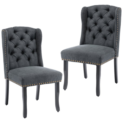 TREXM Cotton Fabric Dining Chairs Set of 2, Upholstered Dining Room Chairs with Solid Wood Legs, Wingback and Button Tufting (Dark Gray)