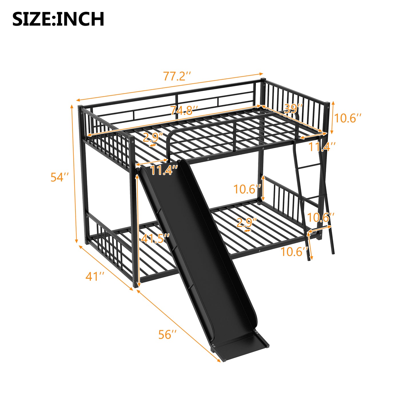 Metal Bunk Bed with Slide, Twin over Twin, Black