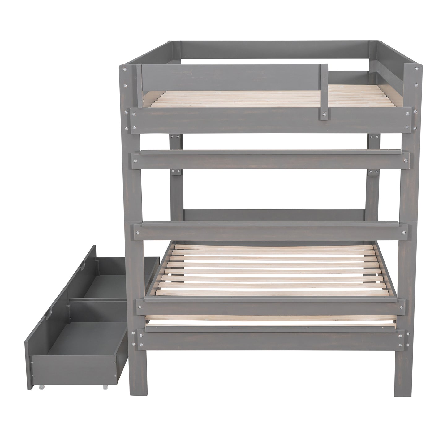 Full over Full Wood Bunk Bed with 2 Drawers, Gray