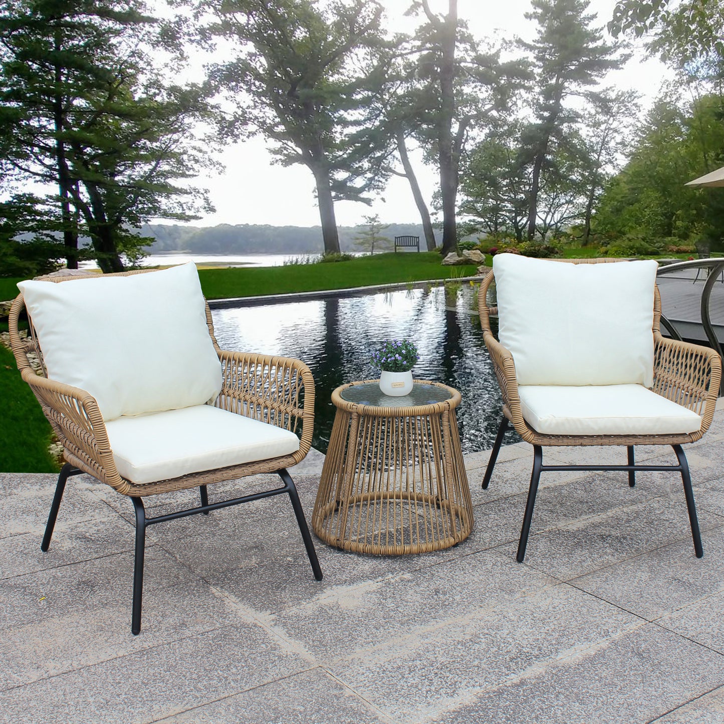 3PCS Outdoor Patio Balcony Natural Color Wicker Chair Set with Beige Cushion and Round Tempered Glass Table