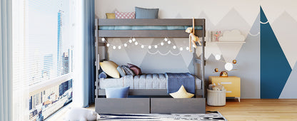 Full over Full Wood Bunk Bed with 2 Drawers, Gray