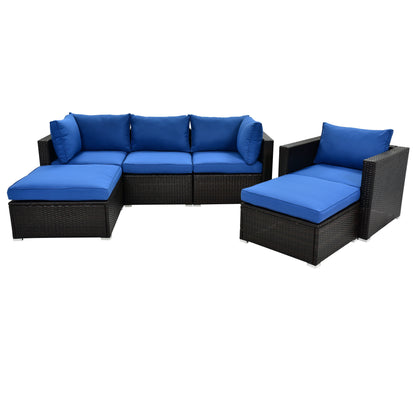 TOPMAX 6PCS Outdoor Patio Sectional All Weather PE Wicker Rattan Sofa Set with Glass Table, Blue Cushion+ Brown Wicker