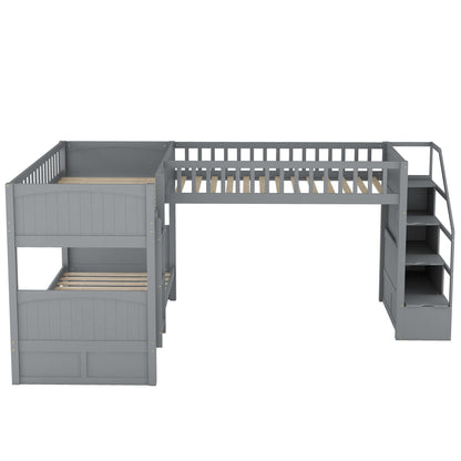 Twin over Twin Wooden L-Shaped Bunk Bed with Ladder and Stairway,Grey(OLD SKU:SM000303AAE-1)