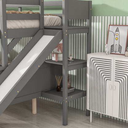 Twin over Full Bunk Bed with 2 Drawers,Slide,Shelves Gray