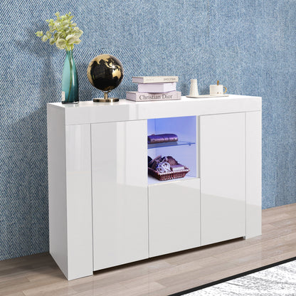 Kitchen Sideboard Cupboard with LED Light, White High Gloss Dining Room Buffet Storage Cabinet Hallway Living Room TV Stand Unit Display Cabinet with Drawer and 2 Doors