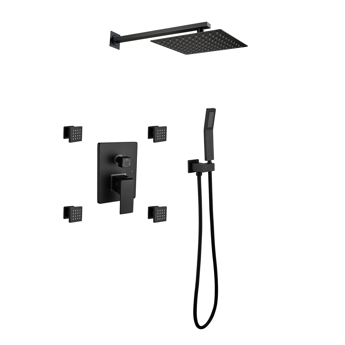 Shower System, 10-Inch Matte Black Full Body Shower System with Body Jets, Square Rainfall Shower Head, Handheld Shower, and 3 Functions Pressure Balance Shower Valve, Bathroom Luxury Faucet Set.